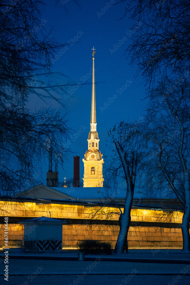 Evening view of the tower of the Peter and Paul Fortress in St. Petersburg
