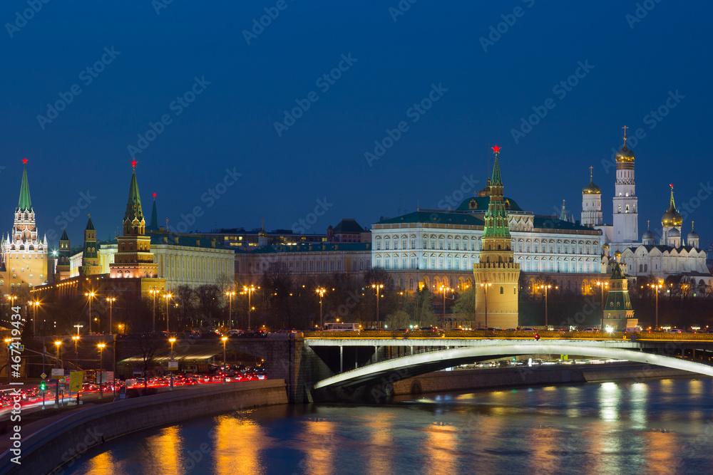 Russia, Moscow, night view of the Moskva River, Bridge and the Kremlin