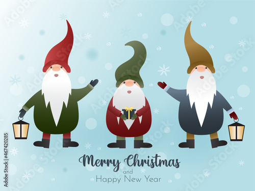 Cute Christmas card with cartoon gnomes in hats. Seasons greeting.Three gnomes on a snowy background. Merry Christmas. Winter holiday vector illustration for a postcard.