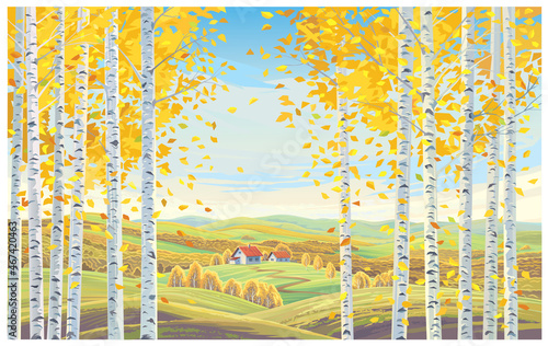 Rural autumn landscape, with two houses on a hill, and trees with fly leaves in the foreground.