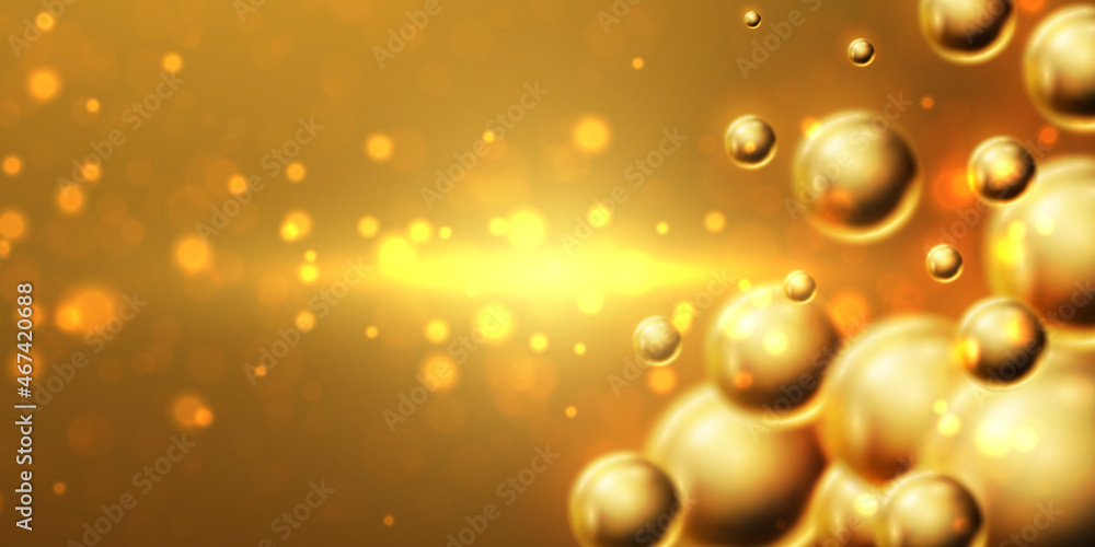 Abstract golden vector background with dynamic 3d spheres. glossy metallic bubbles.