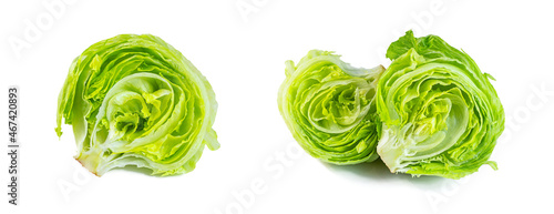 Fresh green iceberg lettuce salad leaves cut set isolated on white background.