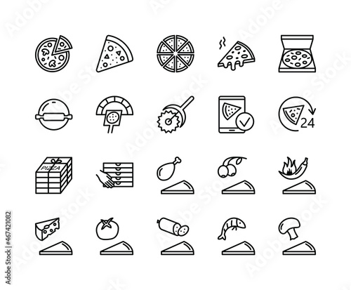 Pizza flat line icons set. Pizza making, ordering and delivery service. Fast food symbol. Simple flat vector illustration for web site or mobile app
