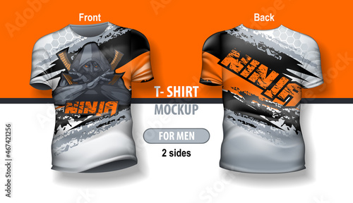 T-shirt for man front and back with Esport Ninja logo. Mock-up for double-sided printing.