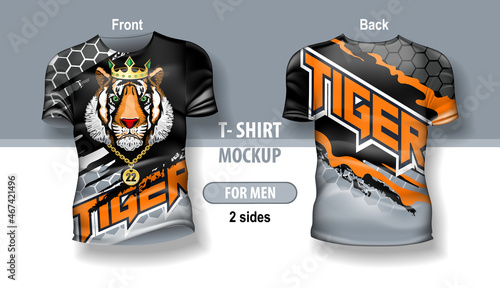 T-shirt for man front and back with Tiger head on abstract background. Mock-up for double-sided printing.