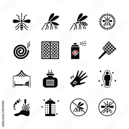 Mosquito flat line icons set. Insect control vector symbol, mosquito repellent, protection, mosquito net. Simple flat vector illustration for web site or mobile app