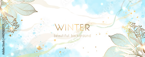 Winter gold vector background. Shiny gold dots. Hand painted herbs and gold brush texture, floral and botanical hand drawing of leaves. Abstract design for cover, wedding, wall art