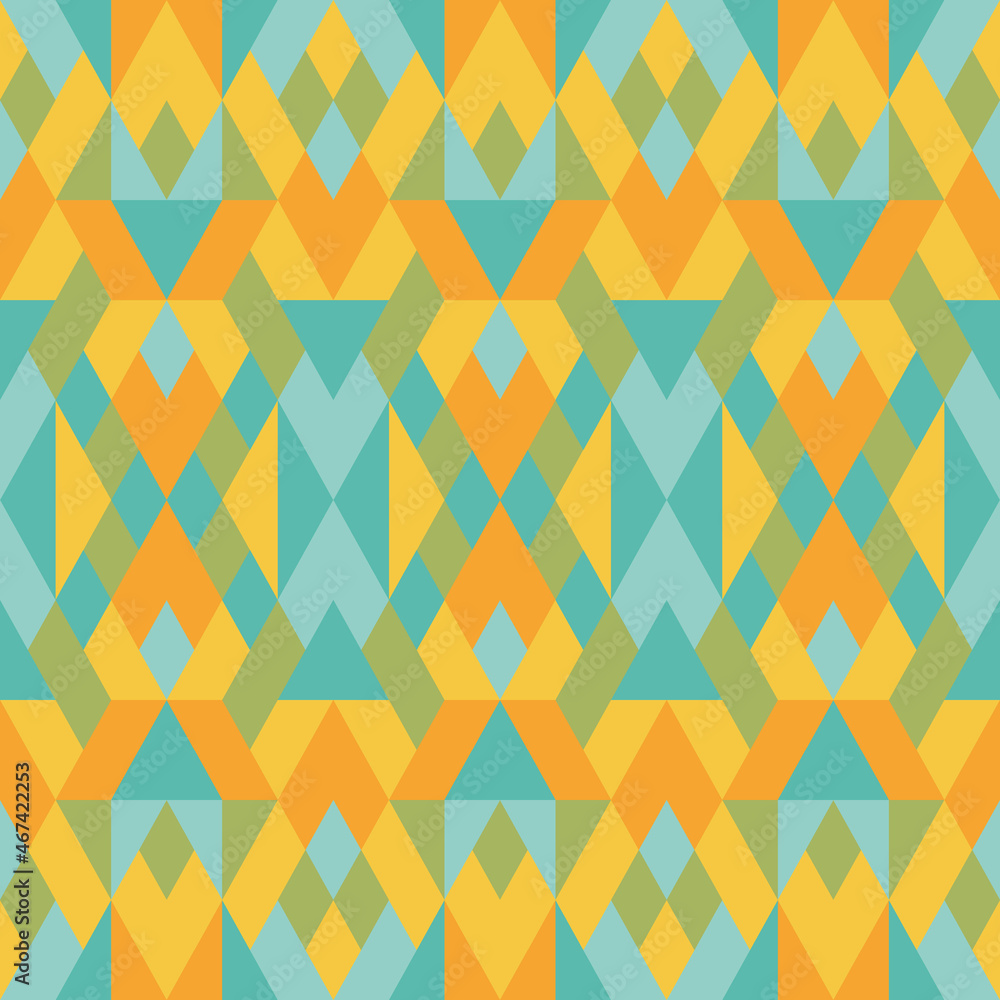 Mosaic seamless texture. Abstract pattern. Vector geometric background of triangles in yellow, blue and green colors
Mosaic seamless texture. Abstract pattern. Vector geometric background of triangles in yellow, blue and green colors