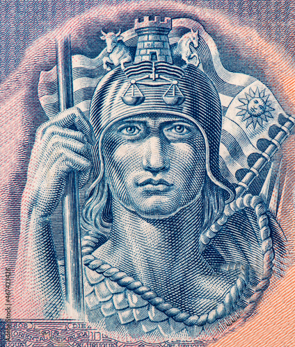 "Sovereignty" allegory, Portrait from Uruguay 10 Pesos 1935 Banknotes.