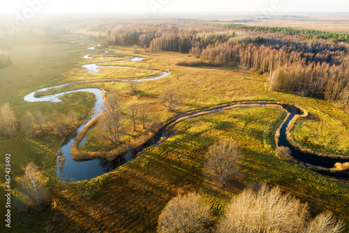 Aerial of a curvy small river on an late autumn evening on Mulgi wooded meadow in Soomaa National Park.  © adamikarl