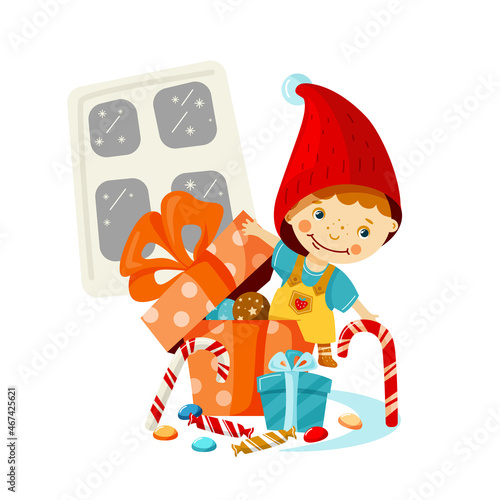 A little gnome climbed into a gift box with balls and sweets.