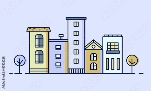 Neighborhood buildings flat illustration. Night street in the town. Vector illustration