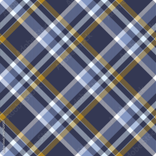 Seamless plaid pattern in blue, navy, mustard and white. Diagonal repeat. 