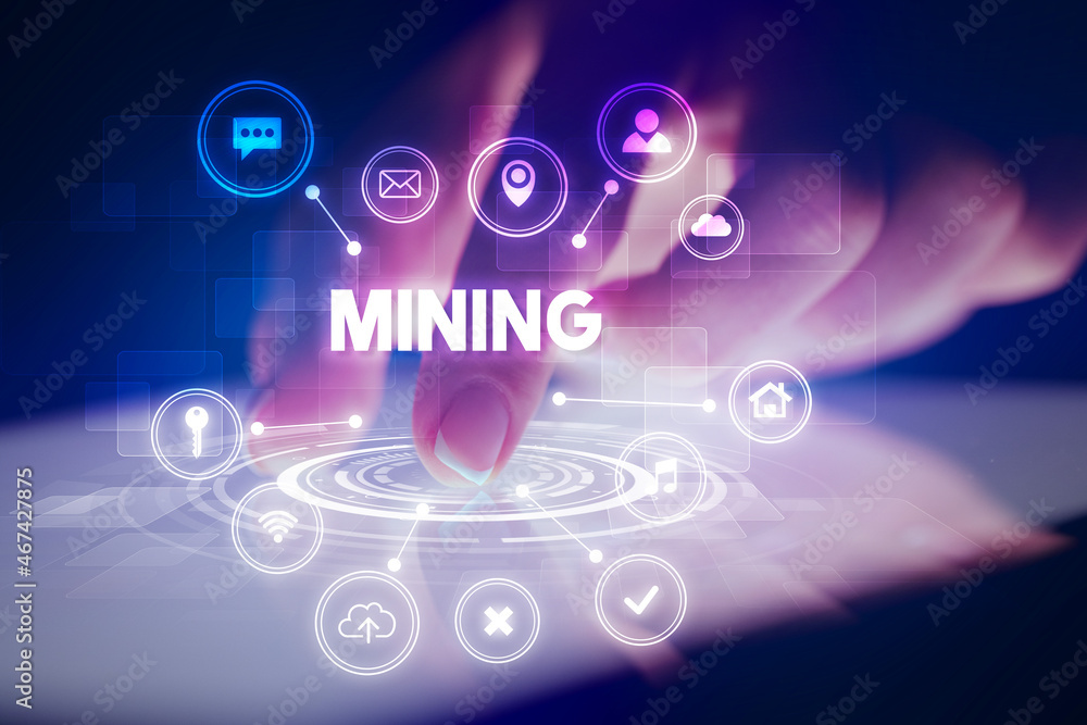 Finger touching tablet with web technology icons concept Finger touching tablet with web technology icons concept