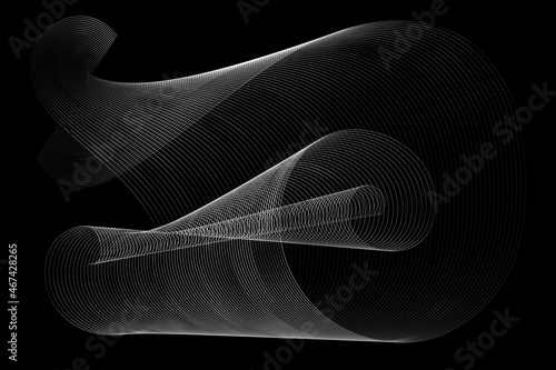 Black and white abstract vector background. Ultra-thin geometry. Linear 3-d shape in dark space.