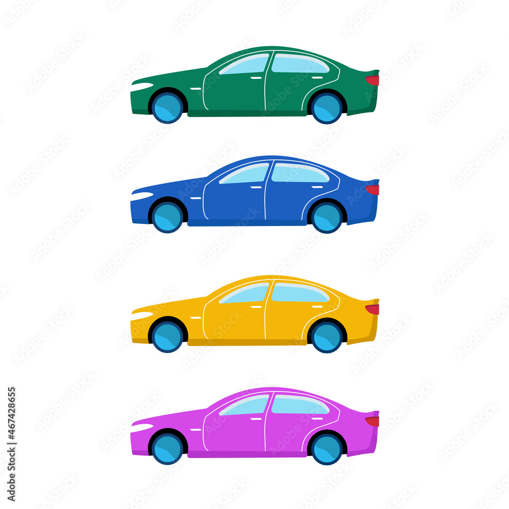 Car icons collection. Multicolored cars in flat style.