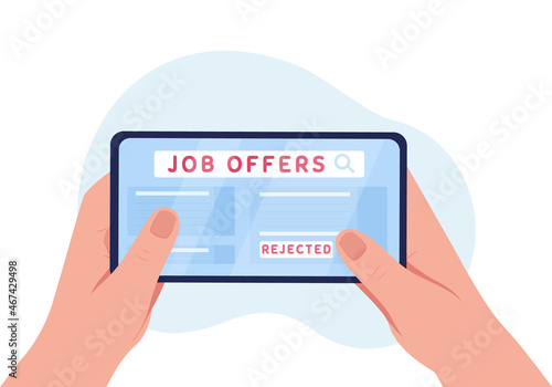 Rejected job application 2D vector isolated illustration. Searching for work online. Looking at mobile website flat first view hand on cartoon background. Unemployment problem colourful scene