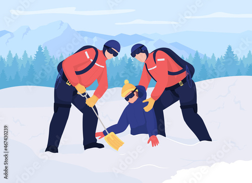 Saving life in avalanche flat color vector illustration. Locating buried victim. First responders rescuing avalanche survivor 2D cartoon characters with snow covered mountains on background