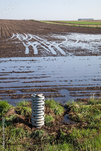 Fotografie Agricultural drainage tile at the field edge of a wet area
