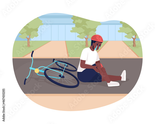 Child injured in bike accident 2D vector isolated illustration. Traumatized kid bicyclist flat character on cartoon background. Childhood falls. Bicycle-related injury experience colourful scene