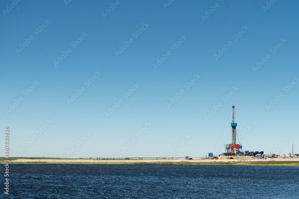 drilling rig in the tundra in summer