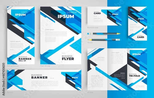 Stripes theme abstract set flyer cover, tri-fold, banner, roll up banner, business card blue color