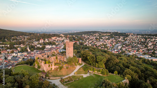 Wallpaper Mural Aerial view over castle Königstein am Taunus to skyline of Frankfurt Main at horizon at sundown Torontodigital.ca