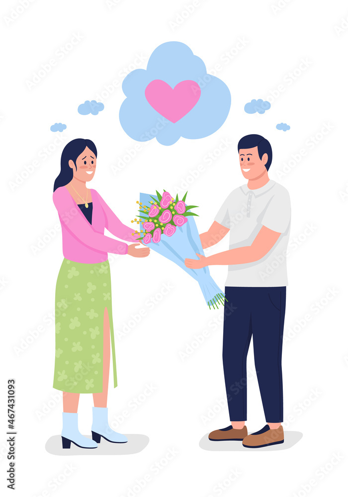 Man confessing feelings to woman semi flat color vector characters. Full body people on white. Giving floral arrangement isolated modern cartoon style illustration for graphic design and animation Man confessing feelings to woman semi flat color vector characters. Full body people on white. Giving floral arrangement isolated modern cartoon style illustration for graphic design and animation