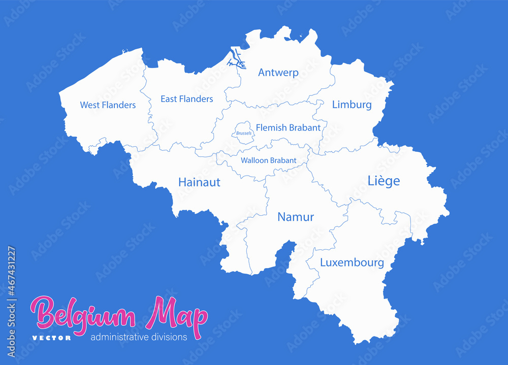 Belgium map, administrative divisions whit names regions, blue background vector