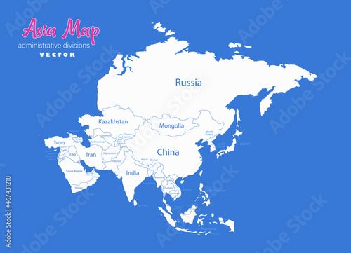Asia map, separate states whit names, blue background vector