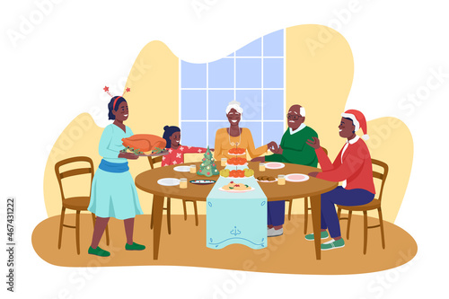 Family Christmas dinner 2D vector isolated illustration. Winter time celebration. Parents with children at table flat characters on cartoon background. Festivities on holidays colourful scene