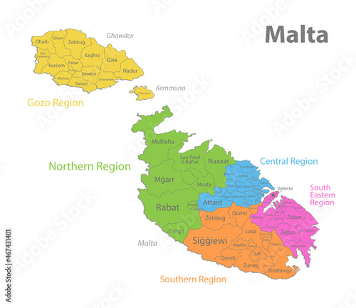 Malta map, Current regions whit names, Politics of Malta, isolated on white background vector