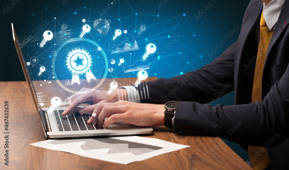 Business hand working on laptop, successful business concept Business hand working on laptop, successful business concept