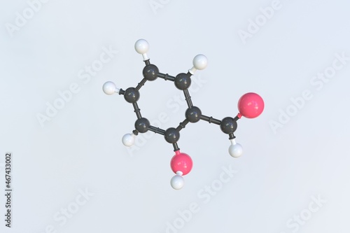 Salicylaldehyde molecule made with balls, isolated molecular model. 3D rendering