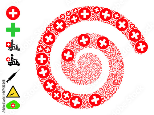 Medical aid icon spiral stream composition. Medical aid items are combined into curl mosaic structure. Object spiral organized from randomized medical aid items. Some other icons are added.