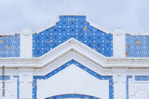 art deco facade covered with azulejos in Faro, Algarve, Portugal