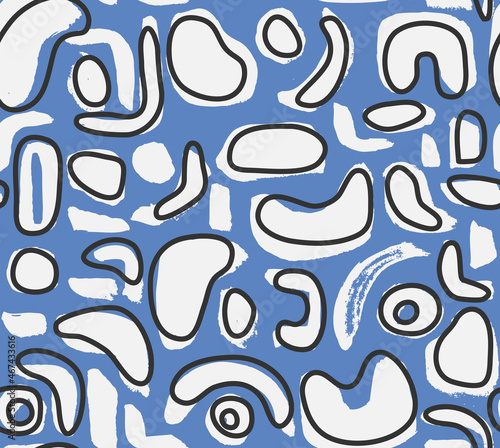 Blue Hand Drawn Childish Vector Seamless Pattern Black and White Trendy Abstract Geometric Elements for Textile, Wrapping Paper, Invitations, Banners etc. 