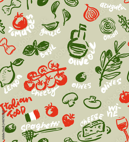 Italian Food Vector Seamless Pattern. Hand Drawn with a Brush Cooking Ingredients with Written Names.  Design for Cafe Menu Cover, Flyer, Brochure, etc.