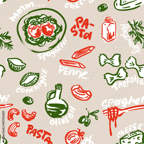 Italian Pasta Types Vector Seamless Pattern. Hand Drawn with a Brush Cooking Ingredients with Written Names.  Design for Cafe Menu Cover, Flyer, Brochure, etc.