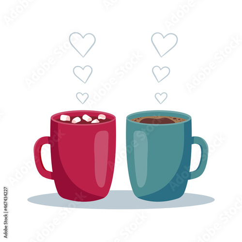 Cute cups  of coffee in love. Together forever. Happy Valentine s Day concept. Vector illustration in flat cartoon style.