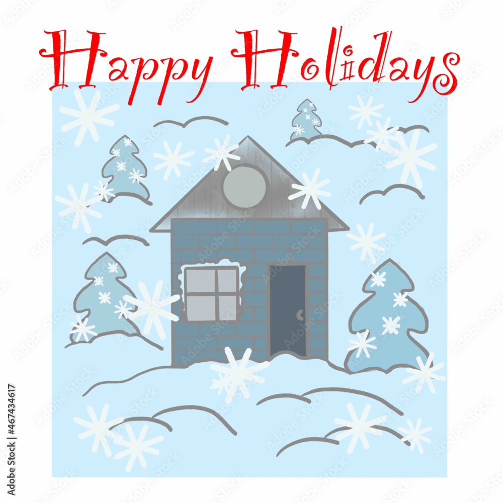 happy new year,merry christmas,happy holidays,happy 2022,snow,hello winter,snow-covered house,christmas trees,snowflakes,snowy landscape,winter cozy landscape,white,blue,blue,gray,gray,dark gray,merry