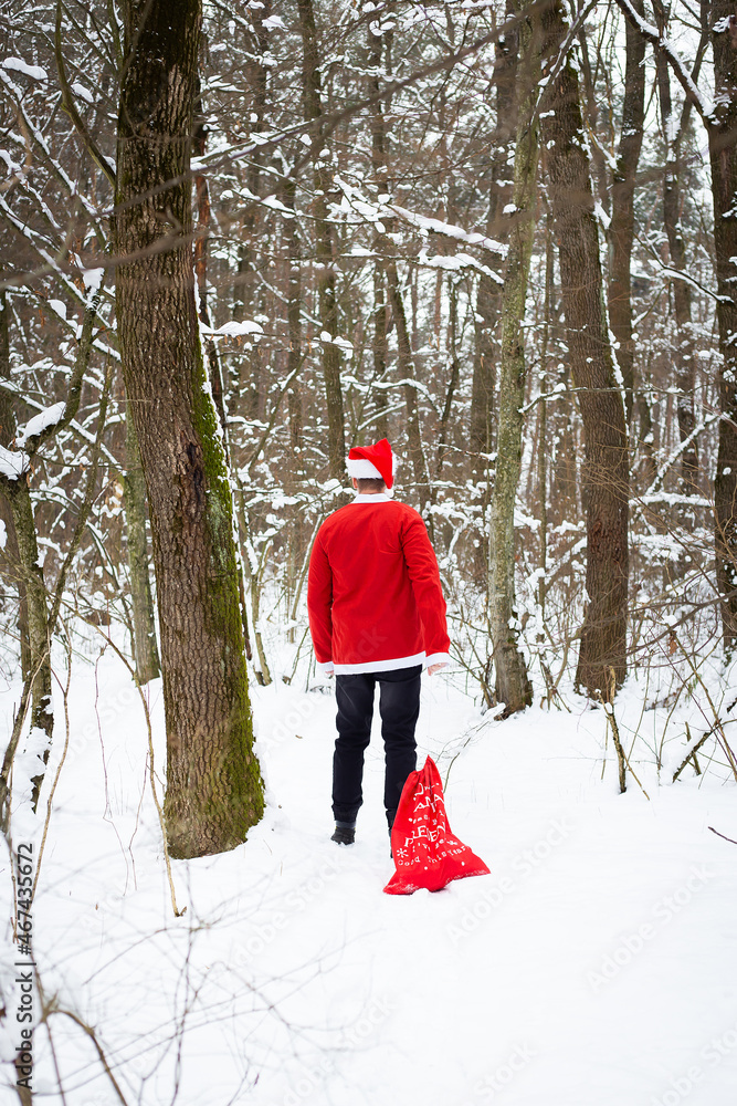 A traditional Santa Claus in a hat and a bag of gifts walks through the forest carrying gifts. Back view.