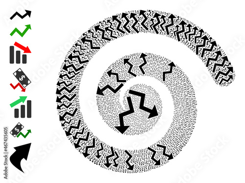 Curve arrow icon spiral collage. Curve arrow elements are grouped into curl vector illustration. Object spiral created from scatter curve arrow icons. Some bonus icons are attached.