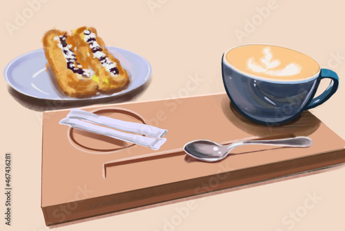 coffee drink in a cup,coffee drink with whipped milk with foam,espresso-based Italian coffee drink with the addition of warmed foamed milk,cappuccino coffee drink,coffee spoon,sugar stickers,wooden st