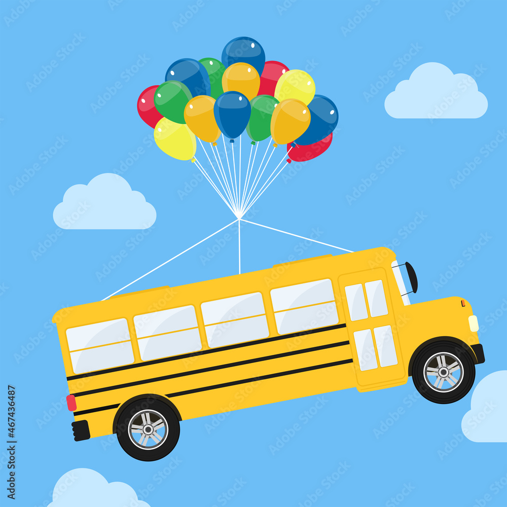 School bus rising with balloons. School bus hanging from helium ...