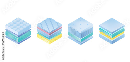 Layered orthopedic mattress icon set. Isometric bed section layers. Fabric breathable material, structure for correct sleeping position. Soft filler, comfort synthetic fiber