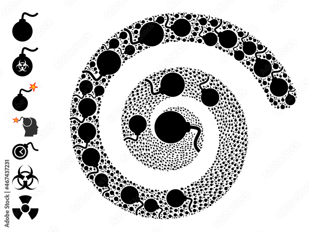 Bomb icon spiral curl mosaic. Bomb elements are organized into twist ...