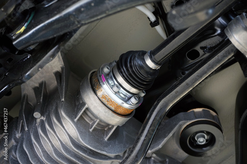 The drive shaft (CV joint) is connected to the gearbox.