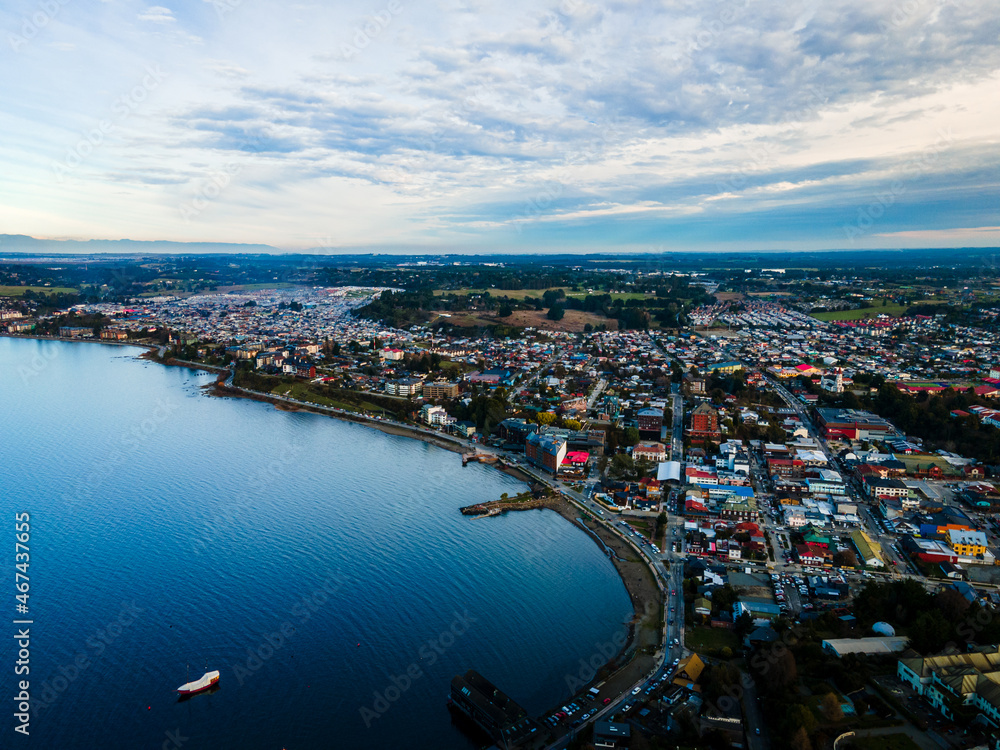 Aerial view of the city of Puerto Varas at sunset.