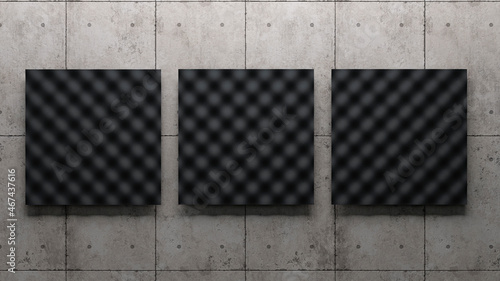 Black acoustic foam panels on concrete wall. 3d rendering